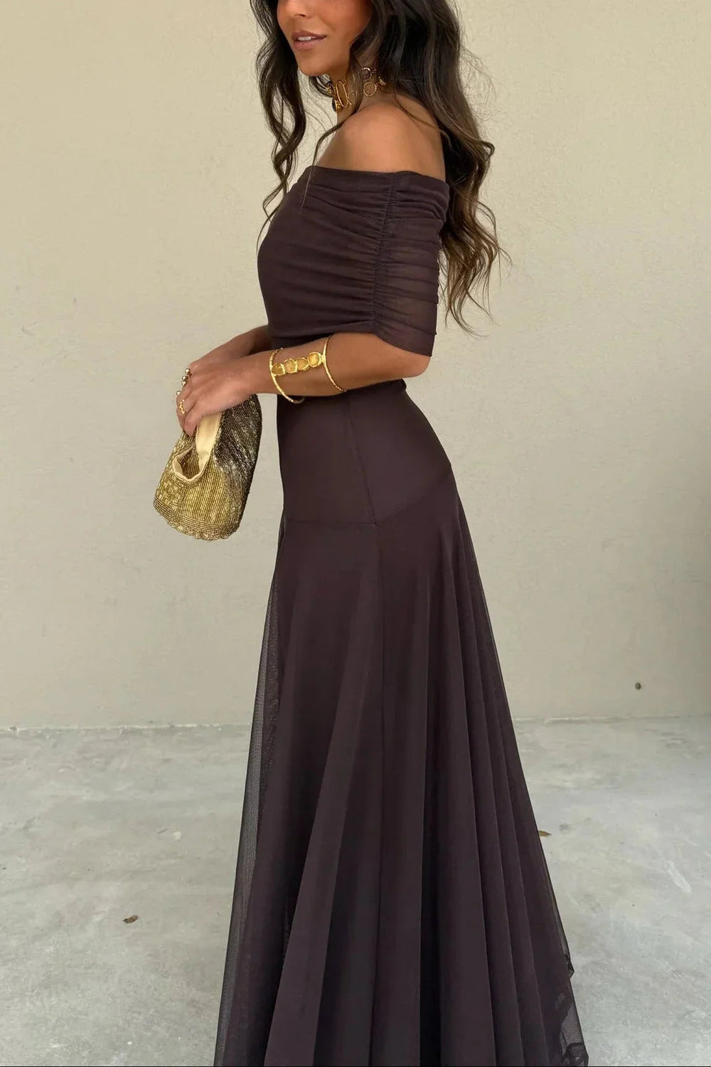 Rosie women's dark brown one-shoulder pleated maxi dress, elegant and flowing for summer.