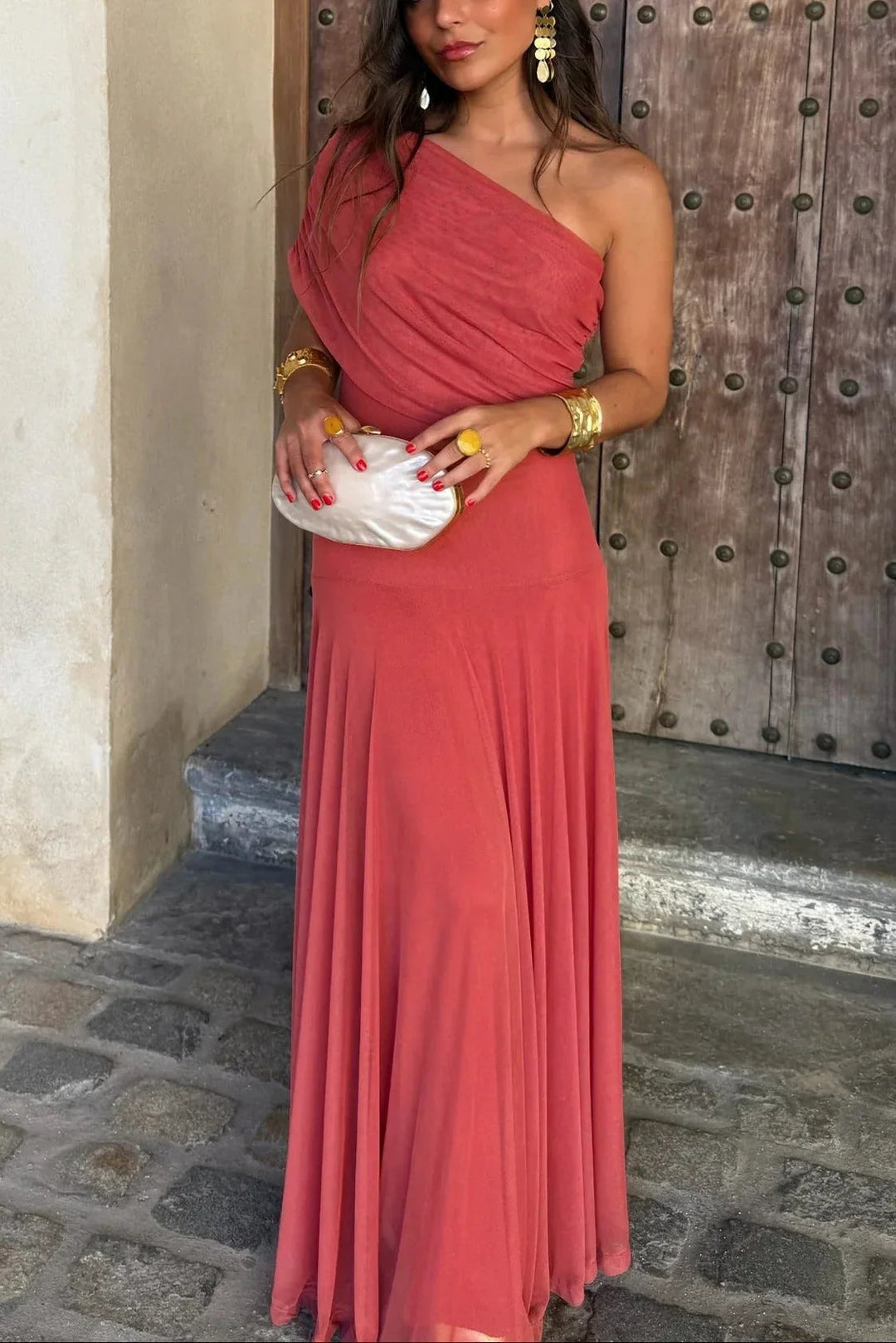 Rosie women's coral one-shoulder pleated maxi dress, perfect for elegant summer style.