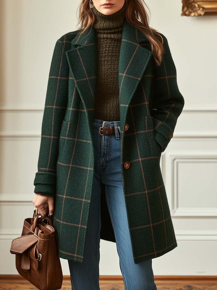 Women's dark green wool-blend coat featuring a windowpane check pattern, notched lapels, and a button-front closure.