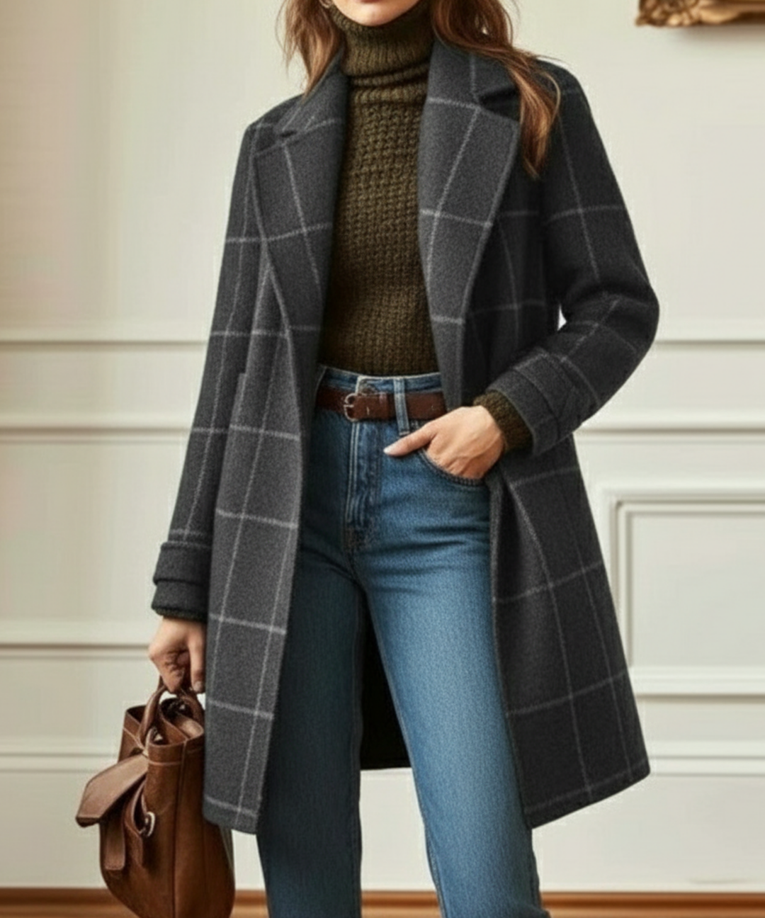 Charcoal grey wool-blend coat featuring a windowpane check pattern, notched lapels, and a structured mid-length fit.