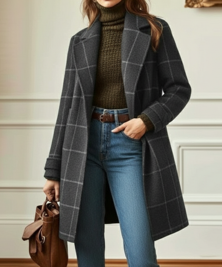 Charcoal grey wool-blend coat featuring a windowpane check pattern, notched lapels, and a structured mid-length fit.