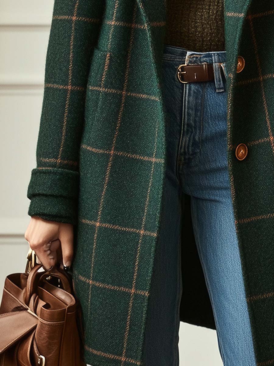 Tailored dark green wool-blend coat featuring a brown windowpane check pattern, button closure, and front pockets.