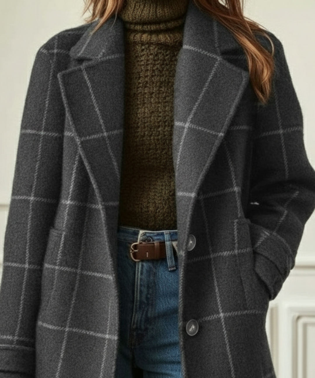 Charcoal wool-blend coat with a white windowpane check pattern, notched lapels, and a button-front closure.