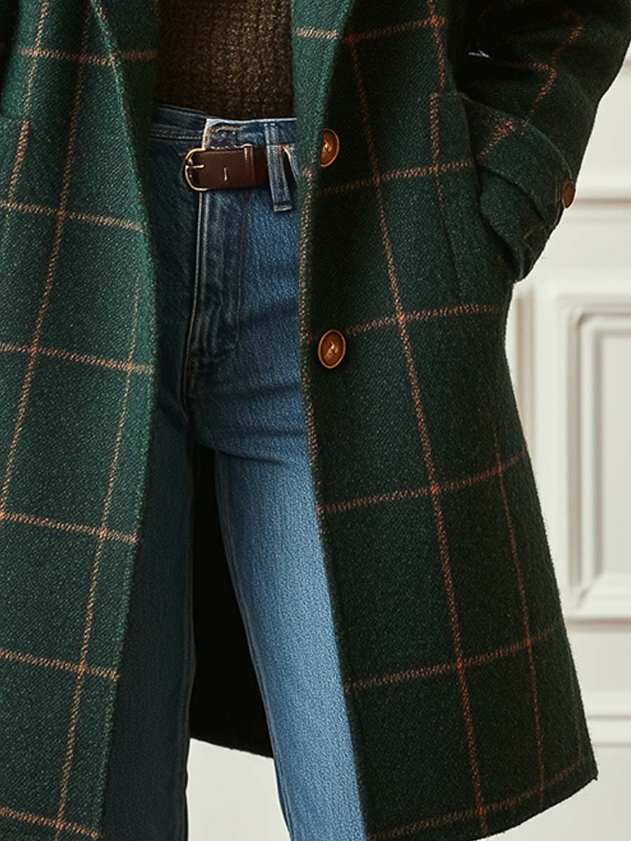 Rosie wool-blend coat in dark green with a brown windowpane check pattern, featuring a button-front and side pockets.