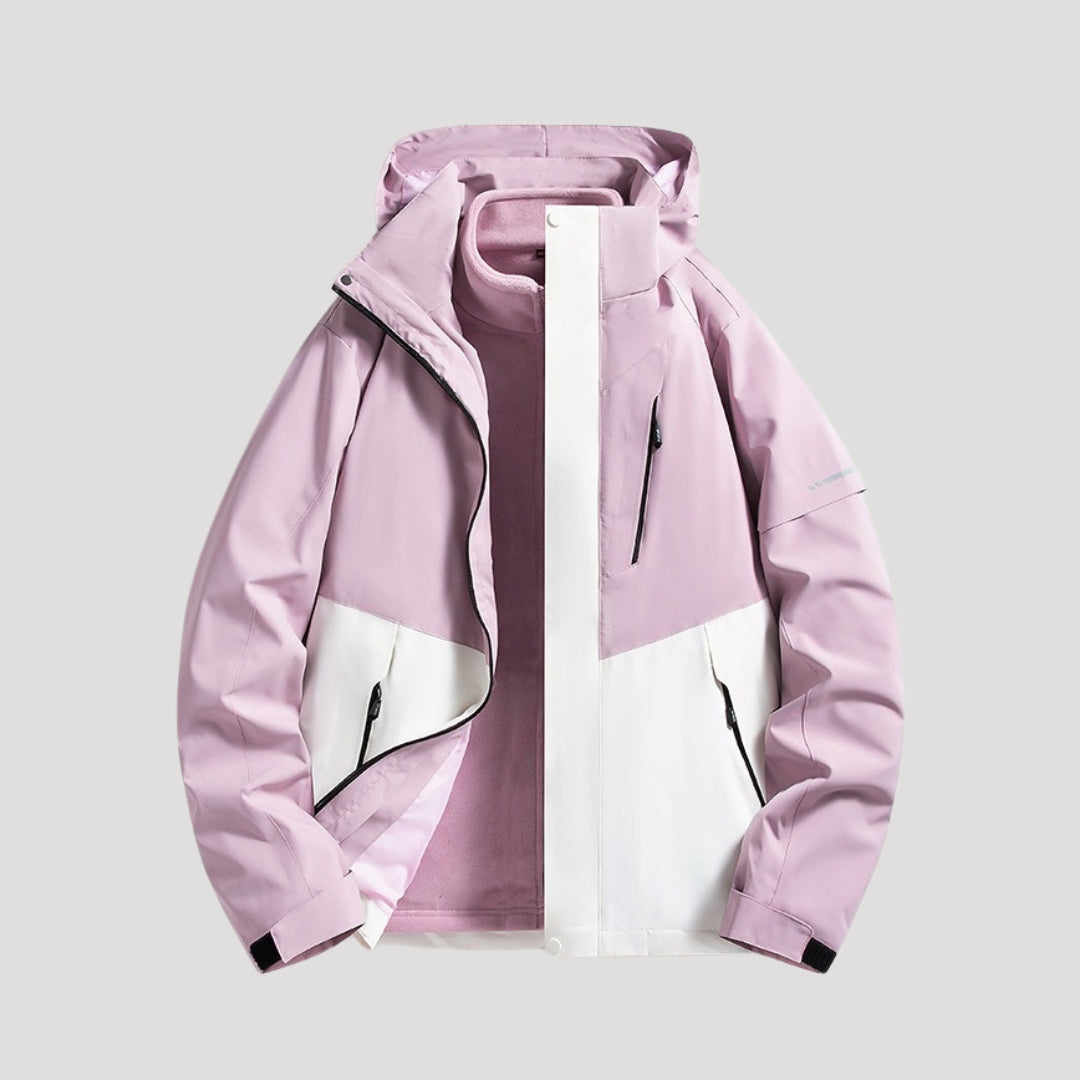 Lightweight lavender and white waterproof windbreaker jacket with an adjustable hood, zip pockets, and a soft inner lining.