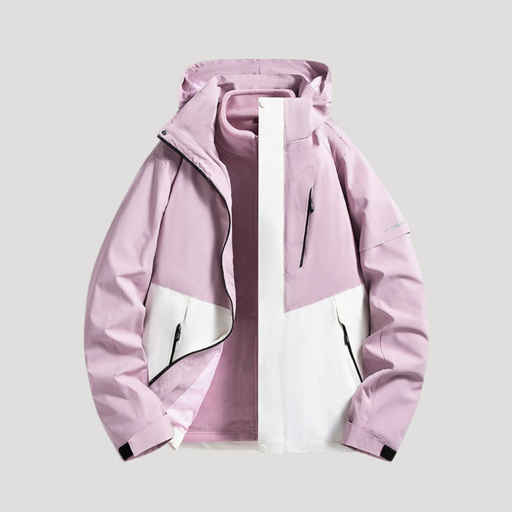 Lightweight lavender and white waterproof windbreaker jacket with an adjustable hood, zip pockets, and a soft inner lining.