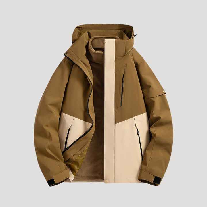 Two-tone olive and cream waterproof hooded windbreaker with zip pockets and a warm fleece-lined interior.
