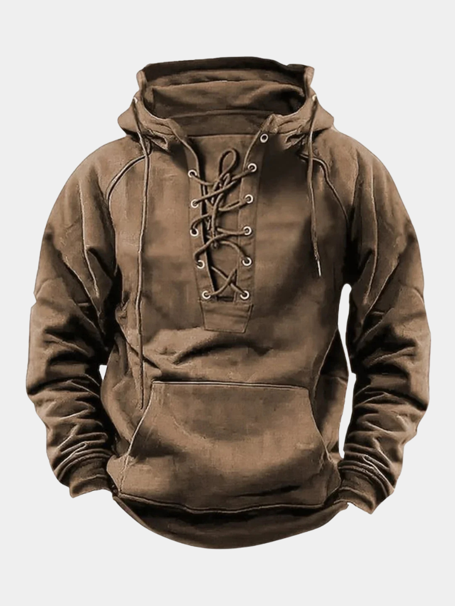 Brown men's pullover hoodie featuring a heritage lace-up neckline, metal eyelets, a fixed hood, and a front kangaroo pocket.