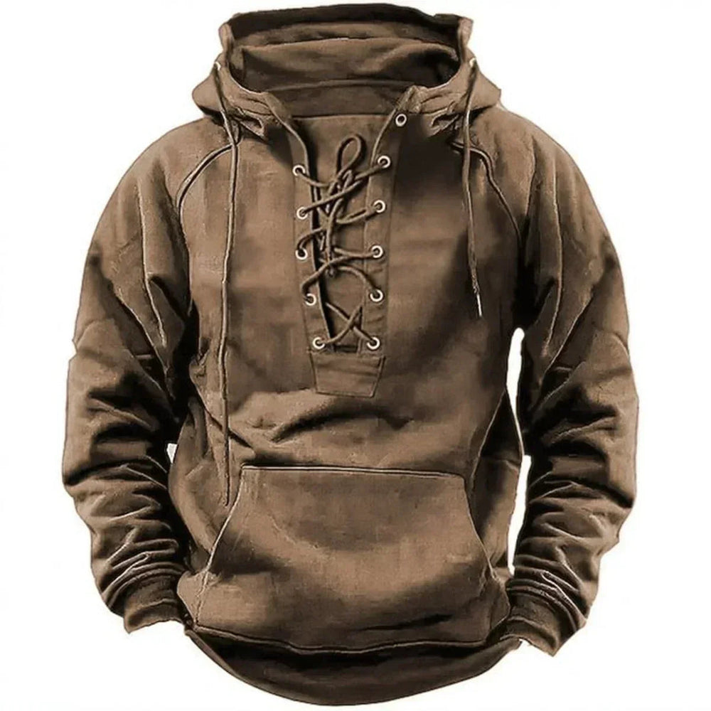 Brown men's lace-up pullover hoodie with metal eyelets, a front kangaroo pocket, and a relaxed heritage-inspired fit.