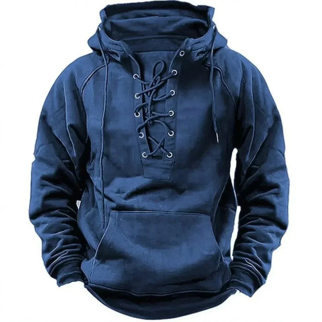 Navy blue men's pullover hoodie featuring a heritage-style lace-up neckline with metal eyelets and a front kangaroo pocket.