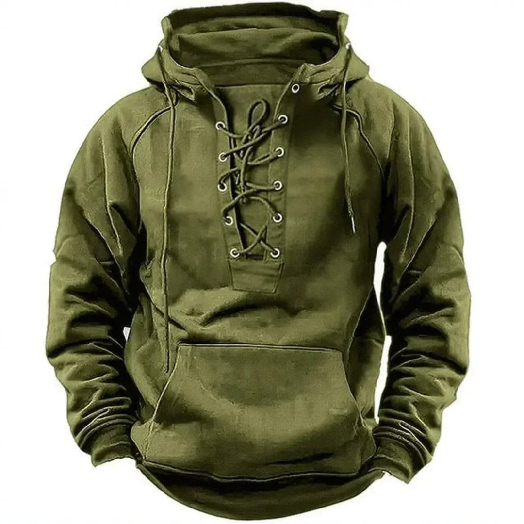 Olive green men's pullover hoodie featuring a lace-up neckline, metal eyelets, a fixed hood, and a front kangaroo pocket.
