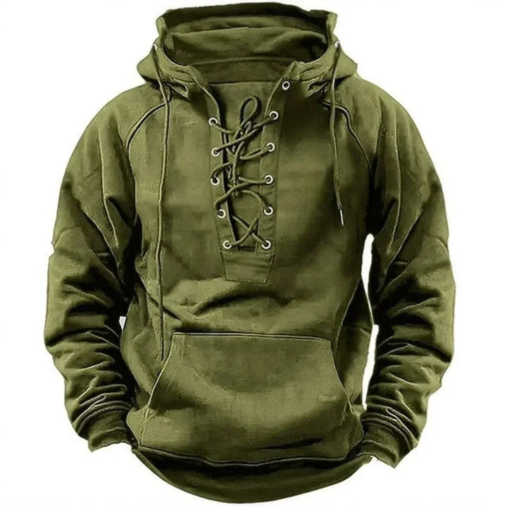 Olive green men's pullover hoodie featuring a lace-up neckline, metal eyelets, a fixed hood, and a front kangaroo pocket.
