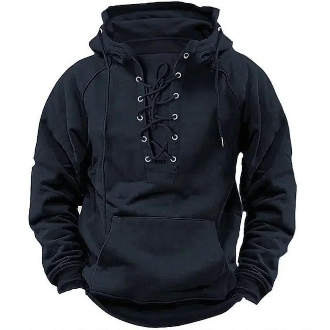 Black men's pullover hoodie featuring a heritage-style lace-up neckline with metal eyelets, a fixed hood, and kangaroo pocket.