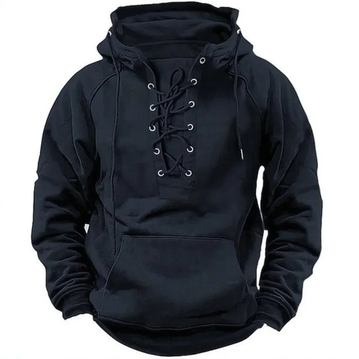 Black men's pullover hoodie featuring a heritage-style lace-up neckline with metal eyelets, a fixed hood, and kangaroo pocket.