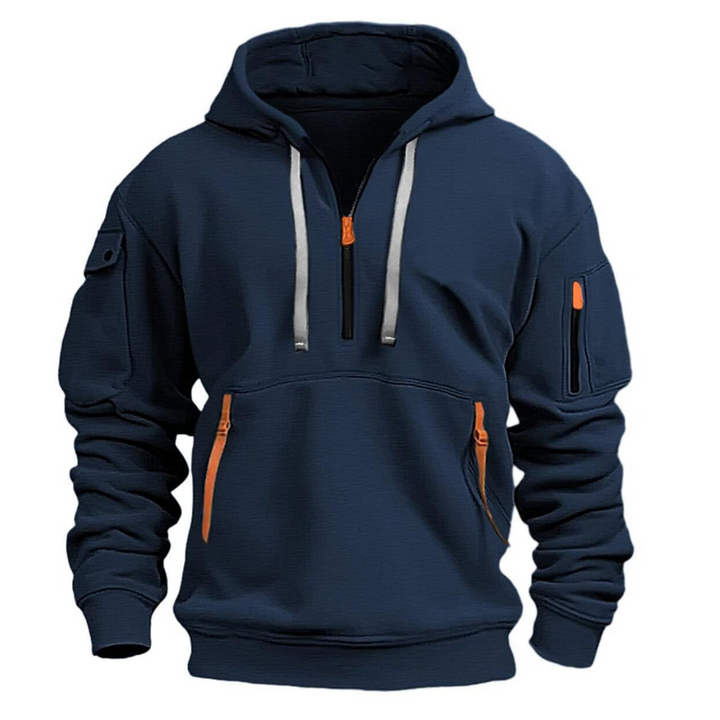 Navy blue men's half-zip hooded sweatshirt with contrast orange zip pulls, drawstring hood, and multiple secure zip pockets.