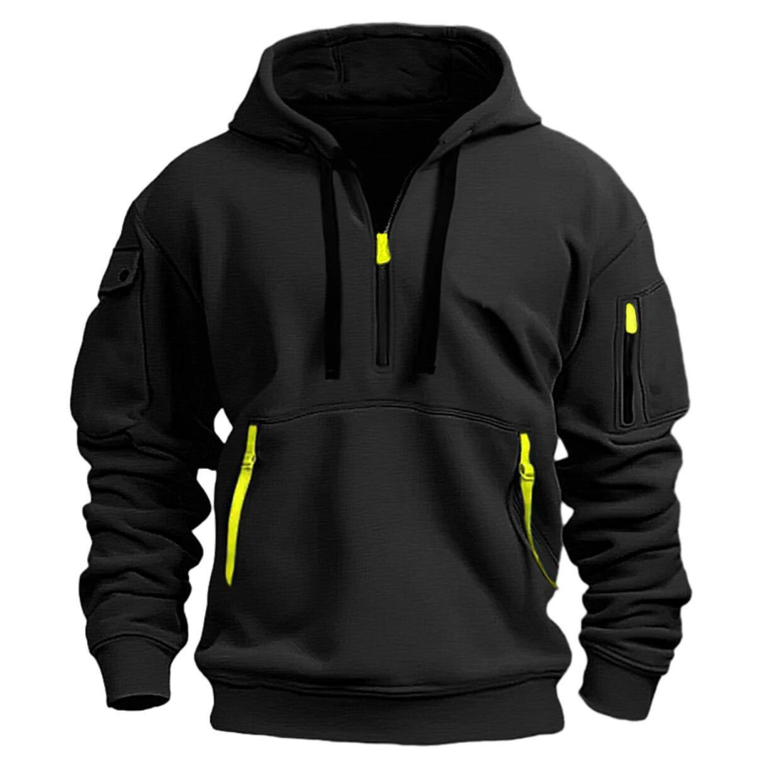 Black men's half-zip hooded sweatshirt with neon yellow zip pulls and utility pockets on the sleeves and front.