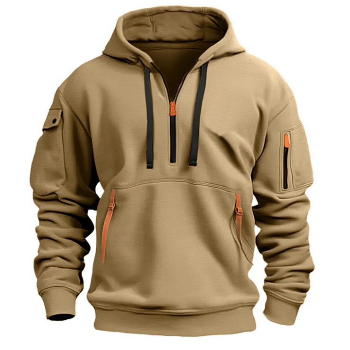 Tan men's half-zip hooded sweatshirt with black drawcords, orange zip pulls, and multiple utility pockets.