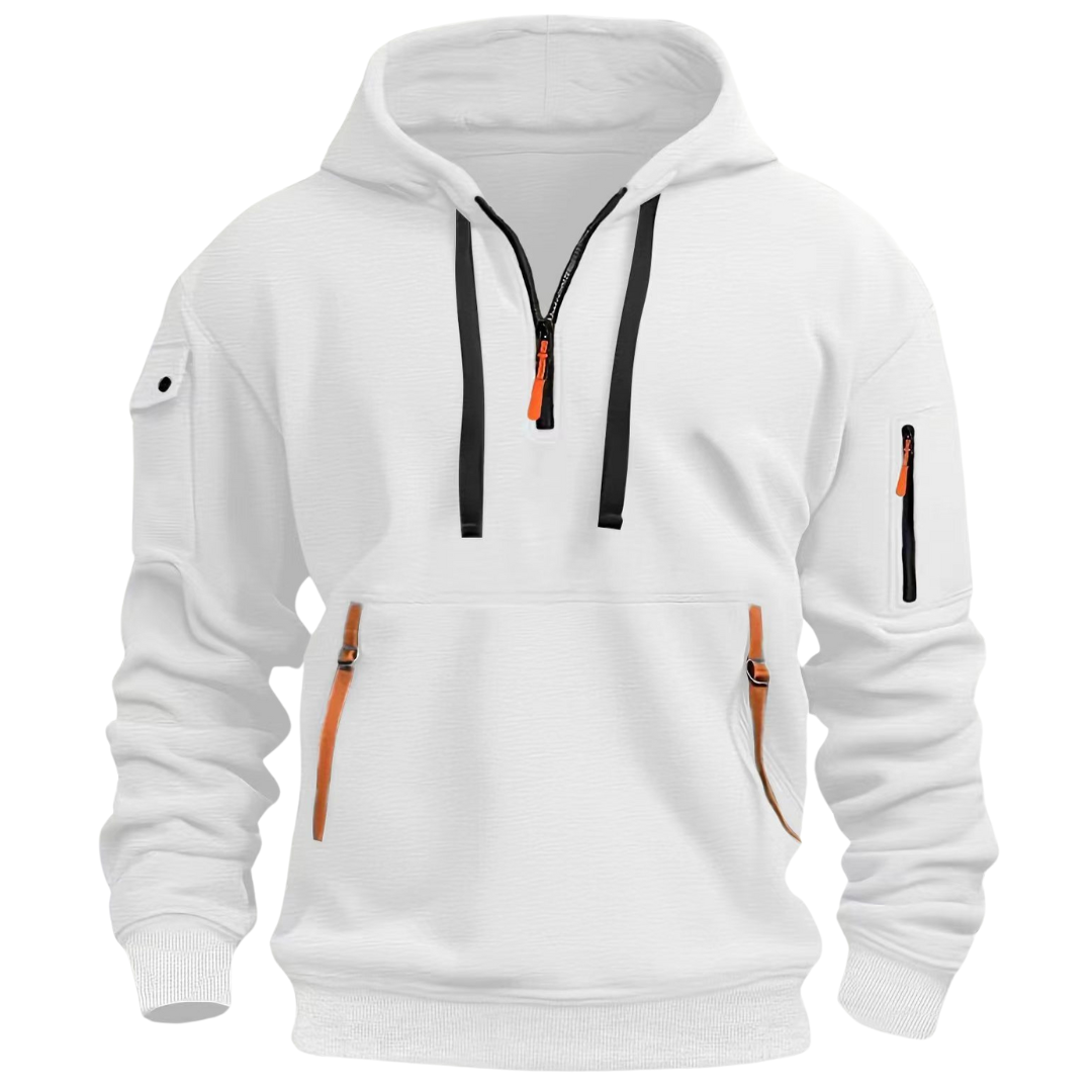 White Rupert half-zip hooded sweatshirt with black drawcords, orange zip pulls, and utility pockets on the sleeve and front.