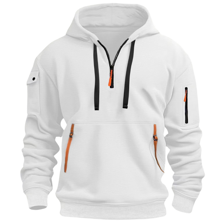 White Rupert half-zip hooded sweatshirt with black drawcords, orange zip pulls, and utility pockets on the sleeve and front.