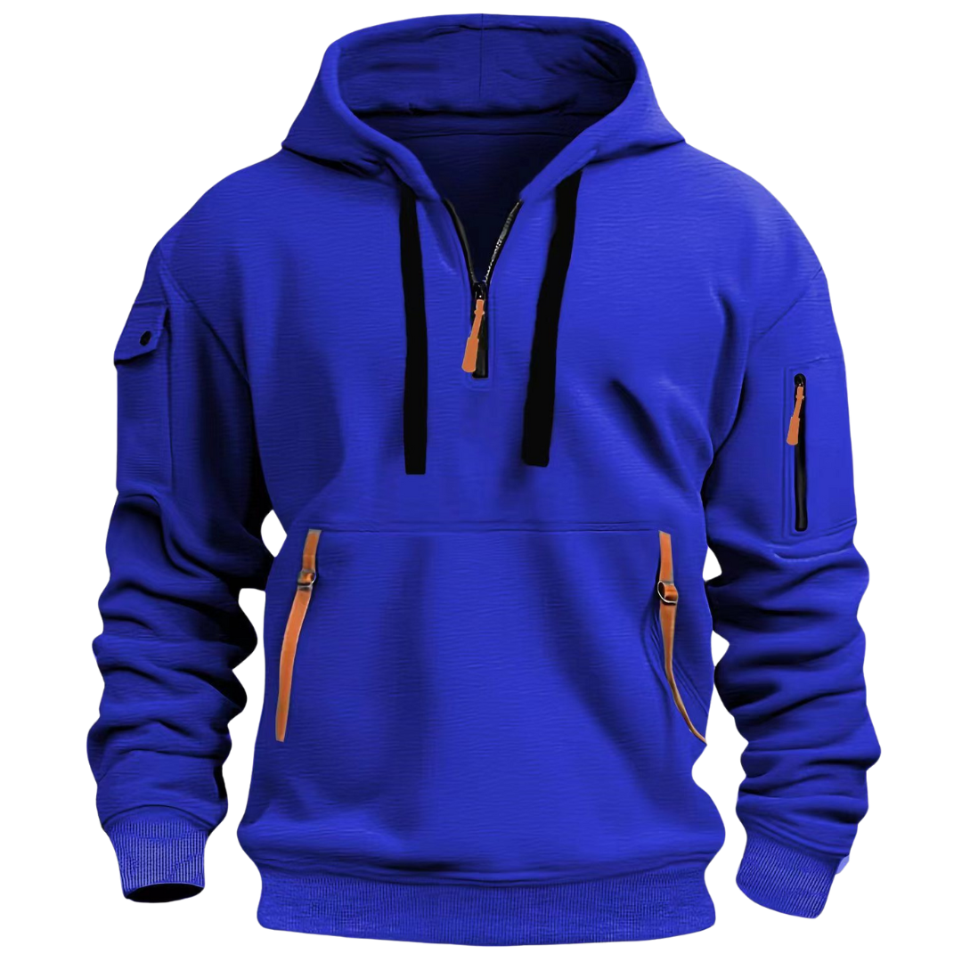 Royal blue men's half-zip hooded sweatshirt with contrast orange zip pulls, black drawcords, and multiple utility pockets.