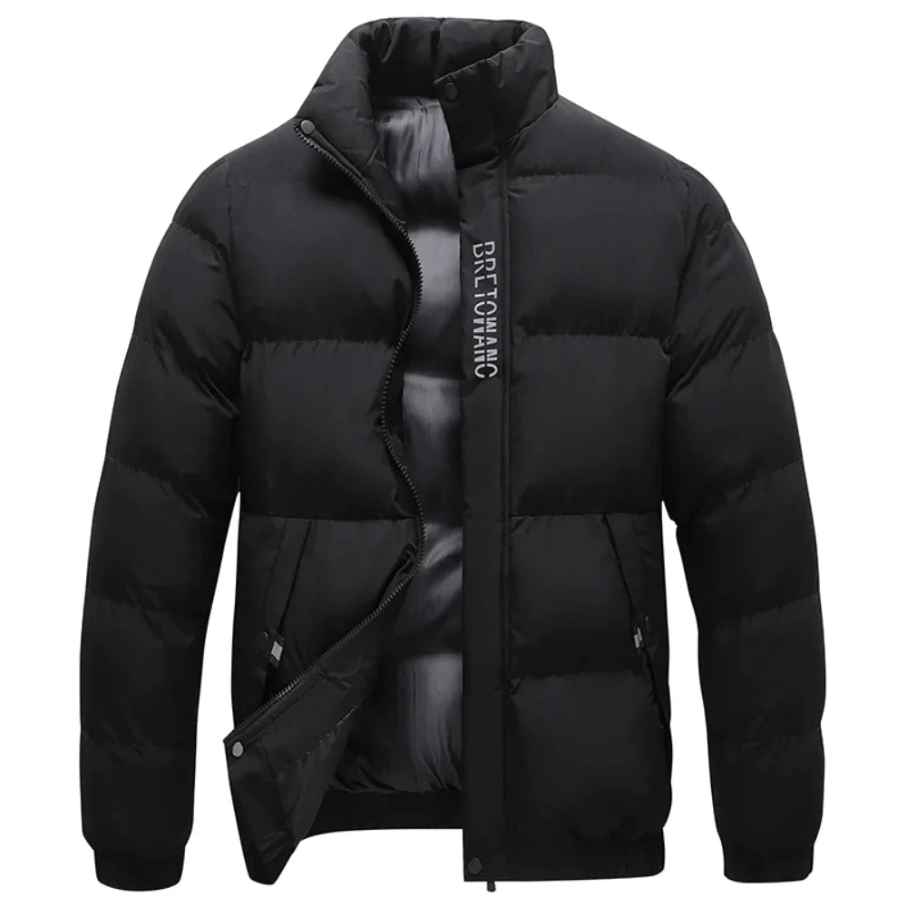 Black men's insulated puffer jacket with a stand collar, quilted construction, full-length zip, and ribbed cuffs.