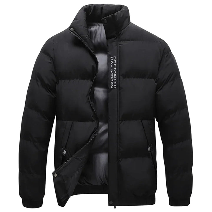 Black men's insulated puffer jacket with a stand collar, quilted construction, full-length zip, and ribbed cuffs.