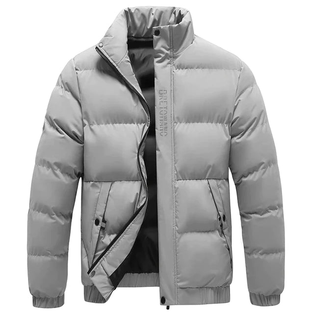 Light grey men's puffer jacket with a stand collar, quilted insulated design, full-length zip, and ribbed cuffs.