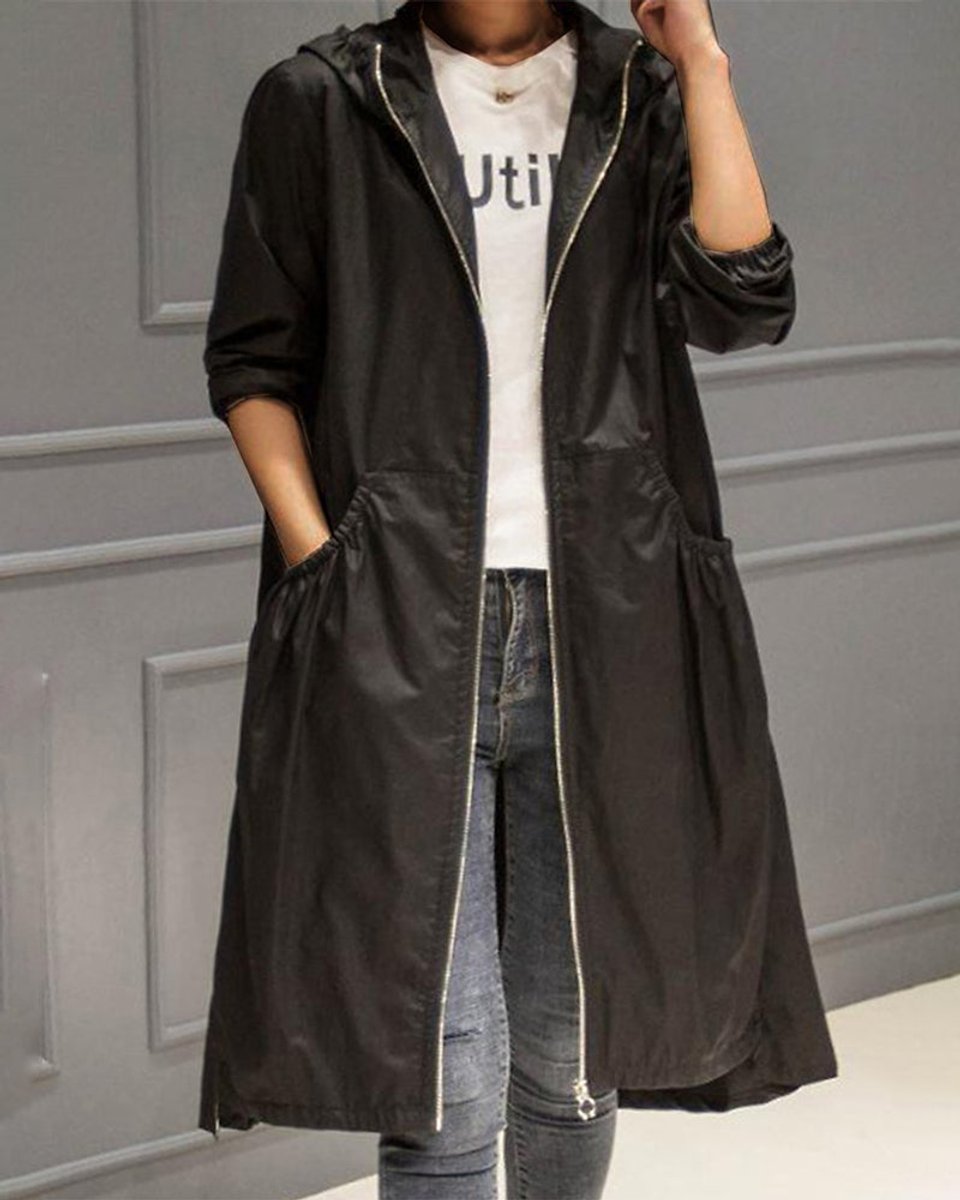 Black waterproof A-line trench coat with a hooded zip-up design, ruched waist detailing, and practical side pockets.