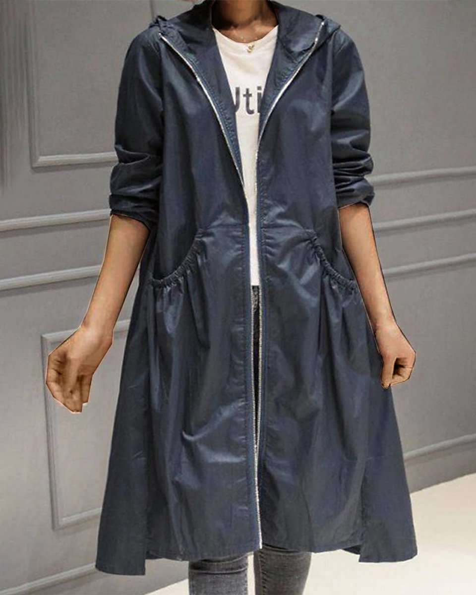 Navy blue waterproof A-line trench coat featuring a hooded zip-up design and flattering ruched waist detailing.