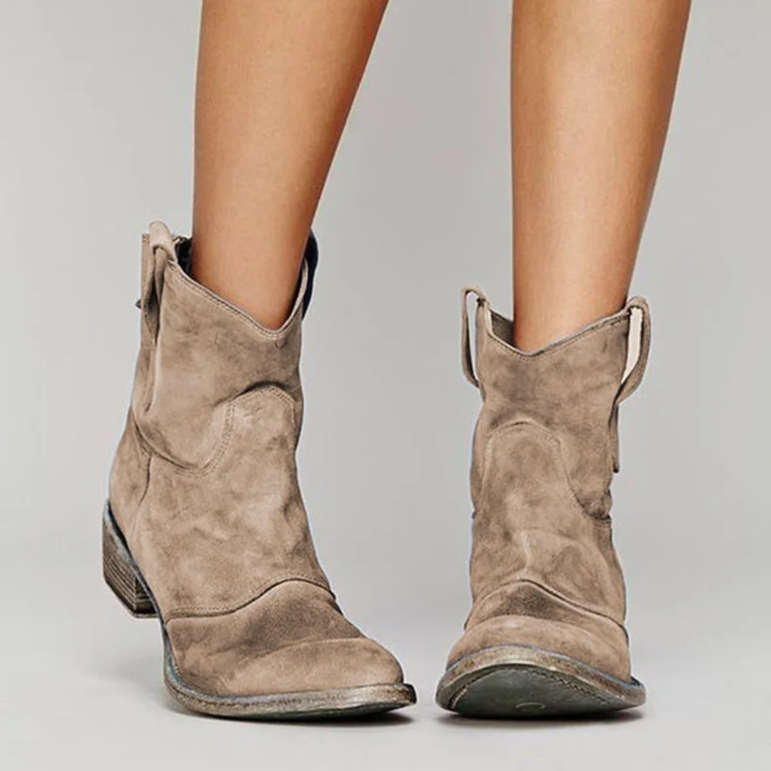 Sadie western ankle boots in taupe suede-look finish with a low block heel and convenient pull tabs.