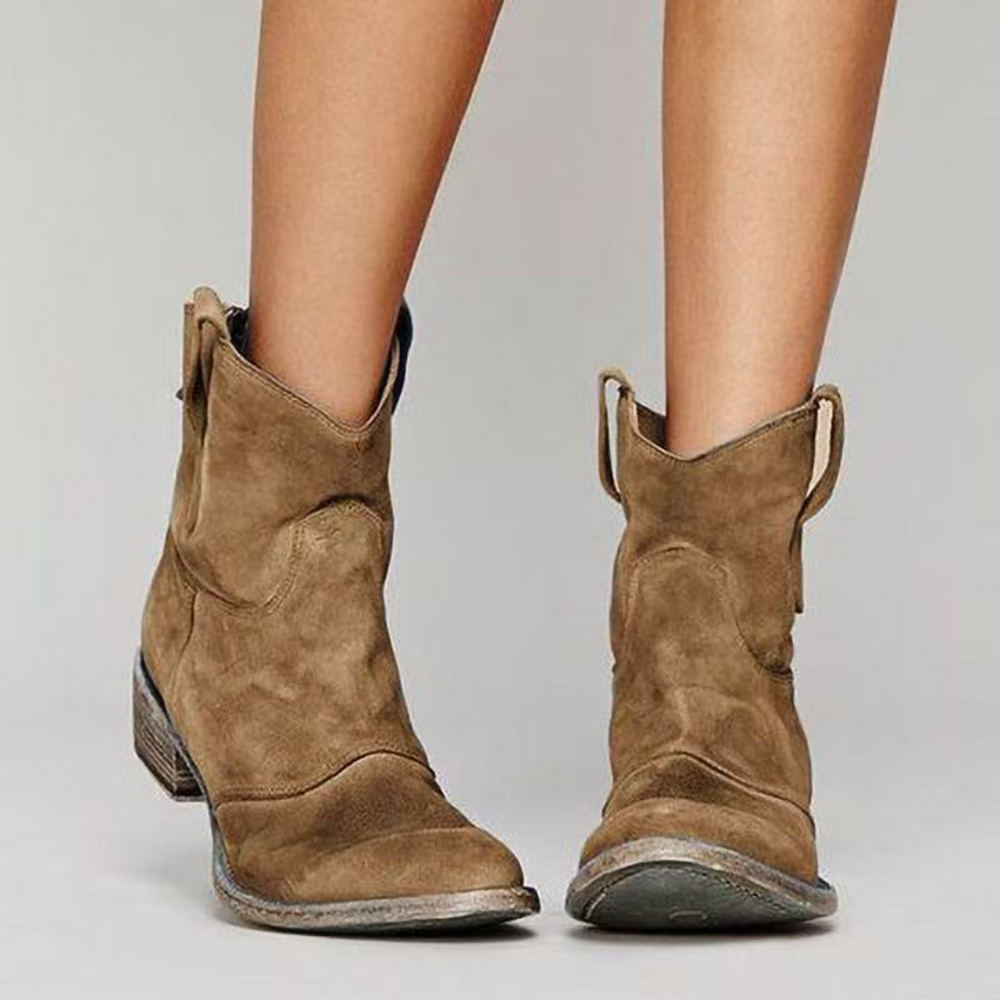 Sadie western ankle boots in tan suede-look finish with a low block heel and convenient pull tabs.
