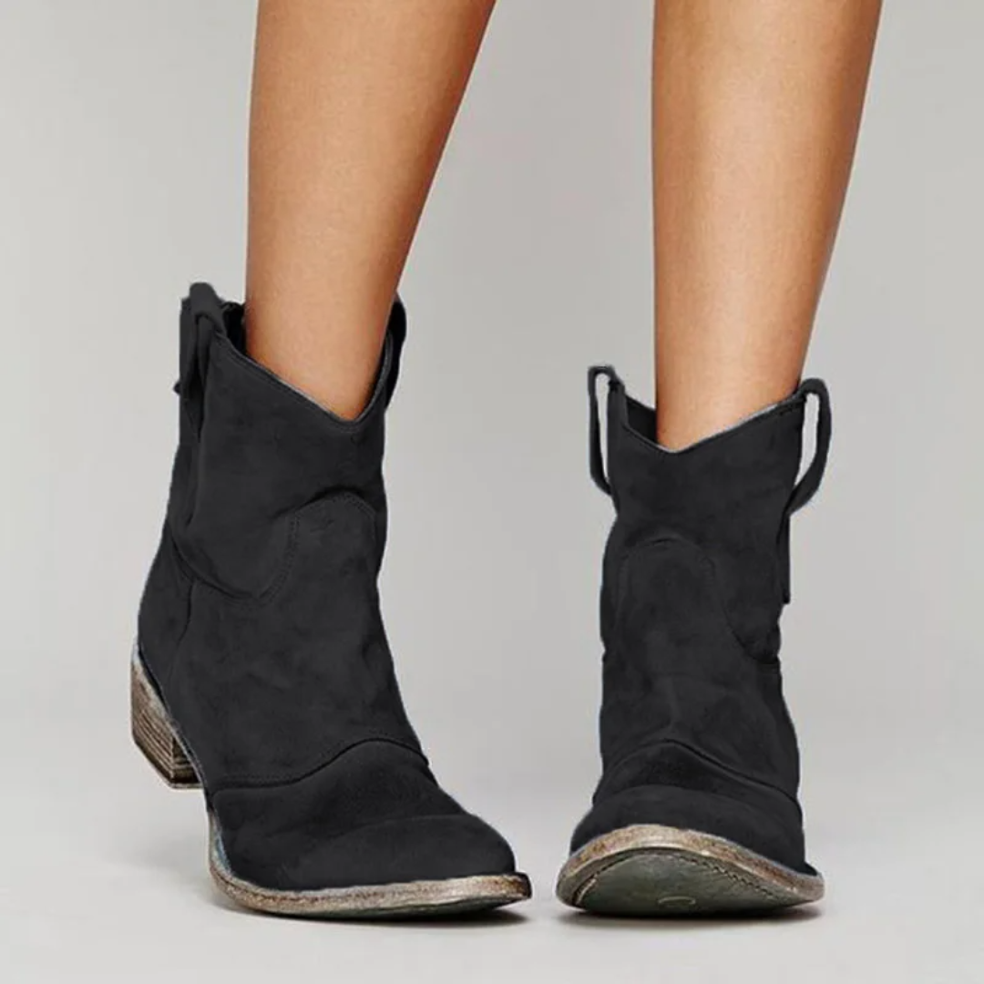Black suede-look western ankle boots featuring a low block heel, pull tabs, and a stylish worn-in finish.