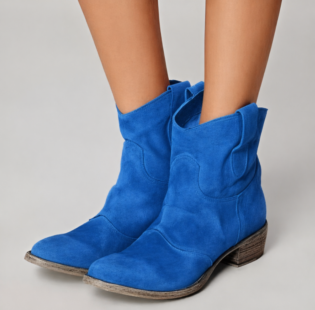 Sadie western ankle boots in vibrant blue suede-look finish with a comfortable low block heel and pull tabs.