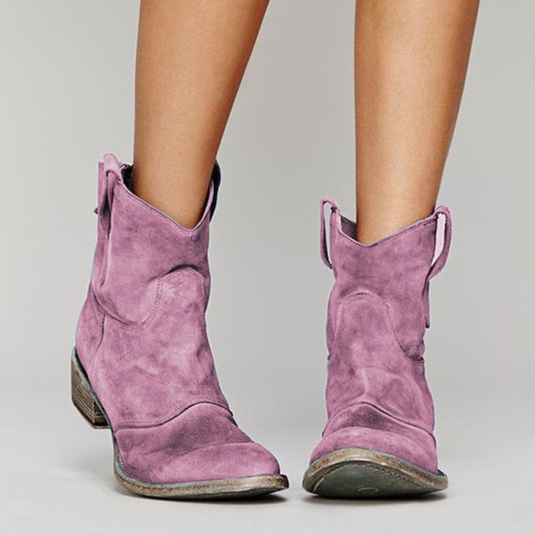 Sadie mauve suede-look western ankle boots featuring a low block heel and convenient pull tabs for effortless style.