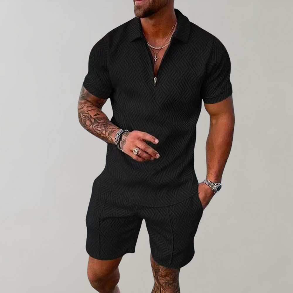 Men's black zip-collar polo and shorts set featuring a textured geometric weave pattern in a short-sleeve, slim-fit style.