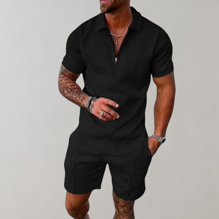 Men's black zip-collar polo and shorts set featuring a textured geometric weave pattern in a short-sleeve, slim-fit style.
