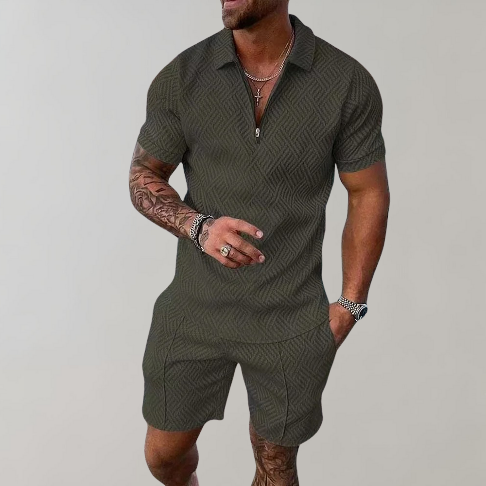 Olive green men's zip-collar polo and matching shorts set featuring a textured geometric weave pattern.