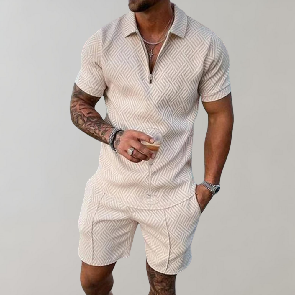 Beige men's short-sleeve zip-collar polo and matching shorts set featuring a textured geometric weave pattern.