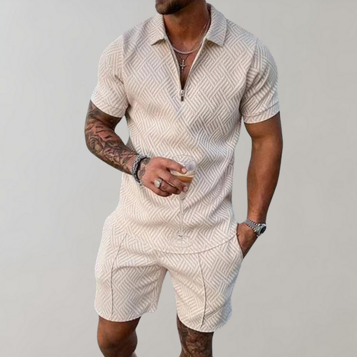 Beige men's short-sleeve zip-collar polo and matching shorts set featuring a textured geometric weave pattern.