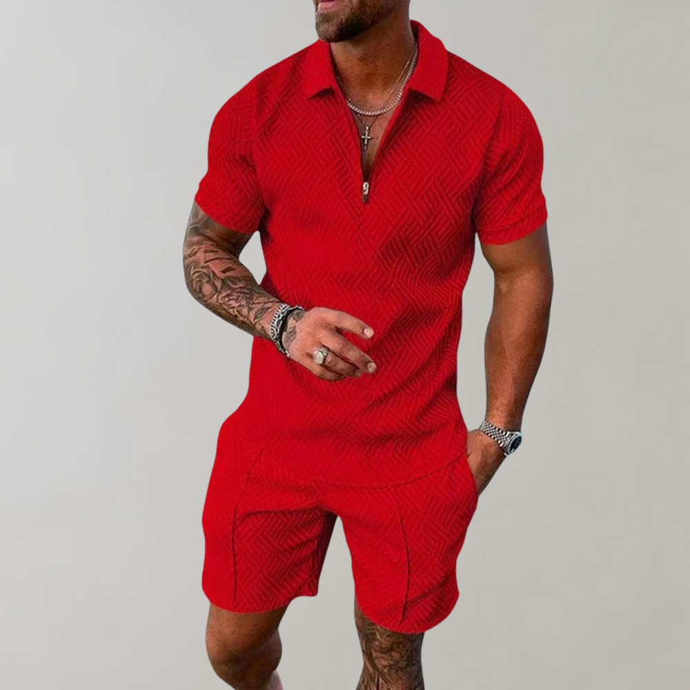 Red men's zip-collar polo and shorts set featuring a textured geometric weave and short sleeves.