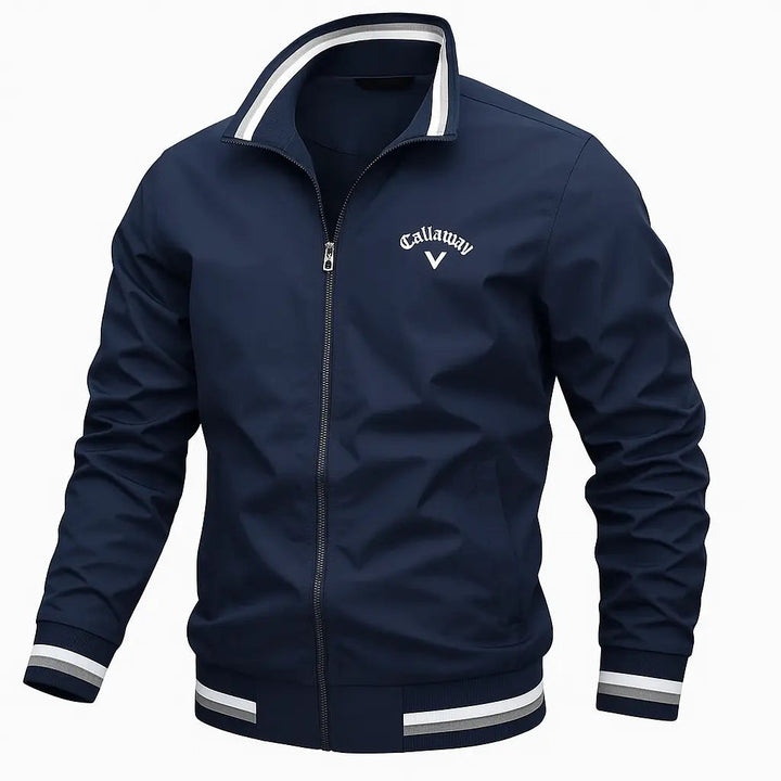 Navy blue zip-up bomber jacket with a stand collar, white striped trim, and Callaway logo on the chest.