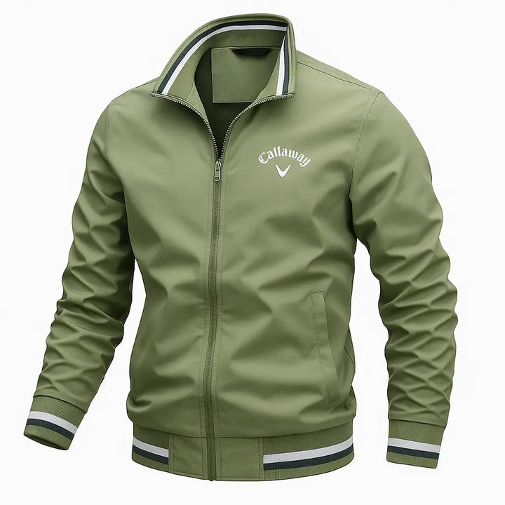 Olive green zip-up bomber jacket with a stand collar, striped ribbed trim, and Callaway logo on the chest.