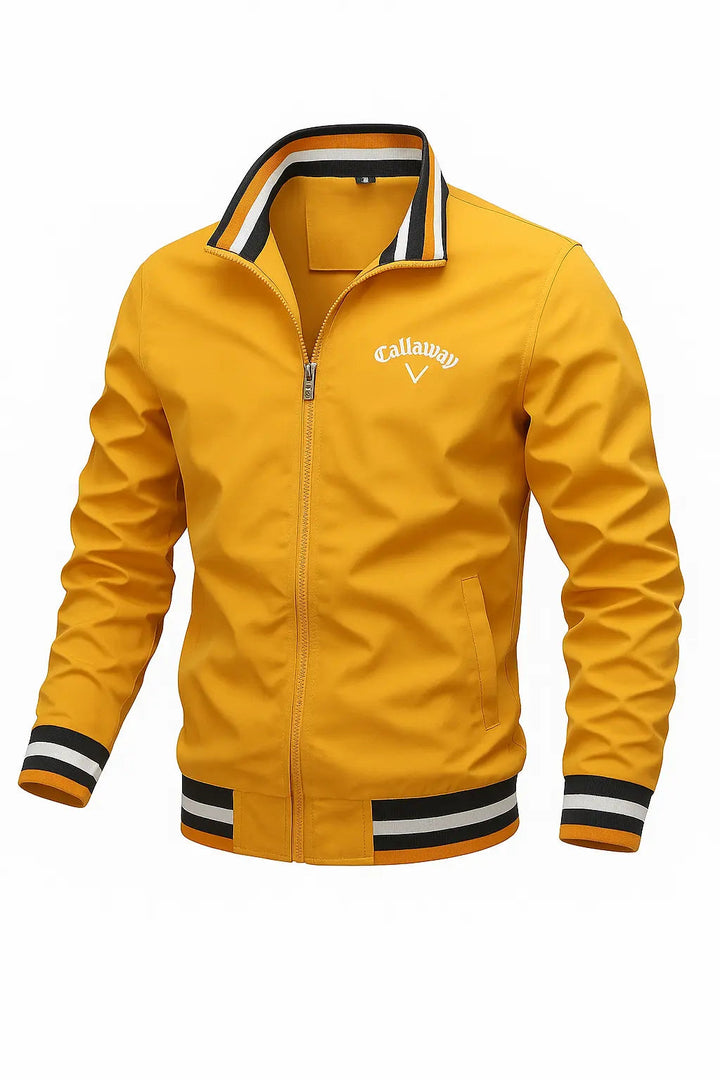 Mustard yellow men's zip-up bomber jacket with a stand collar, striped ribbed trim, and white Callaway logo on the chest.