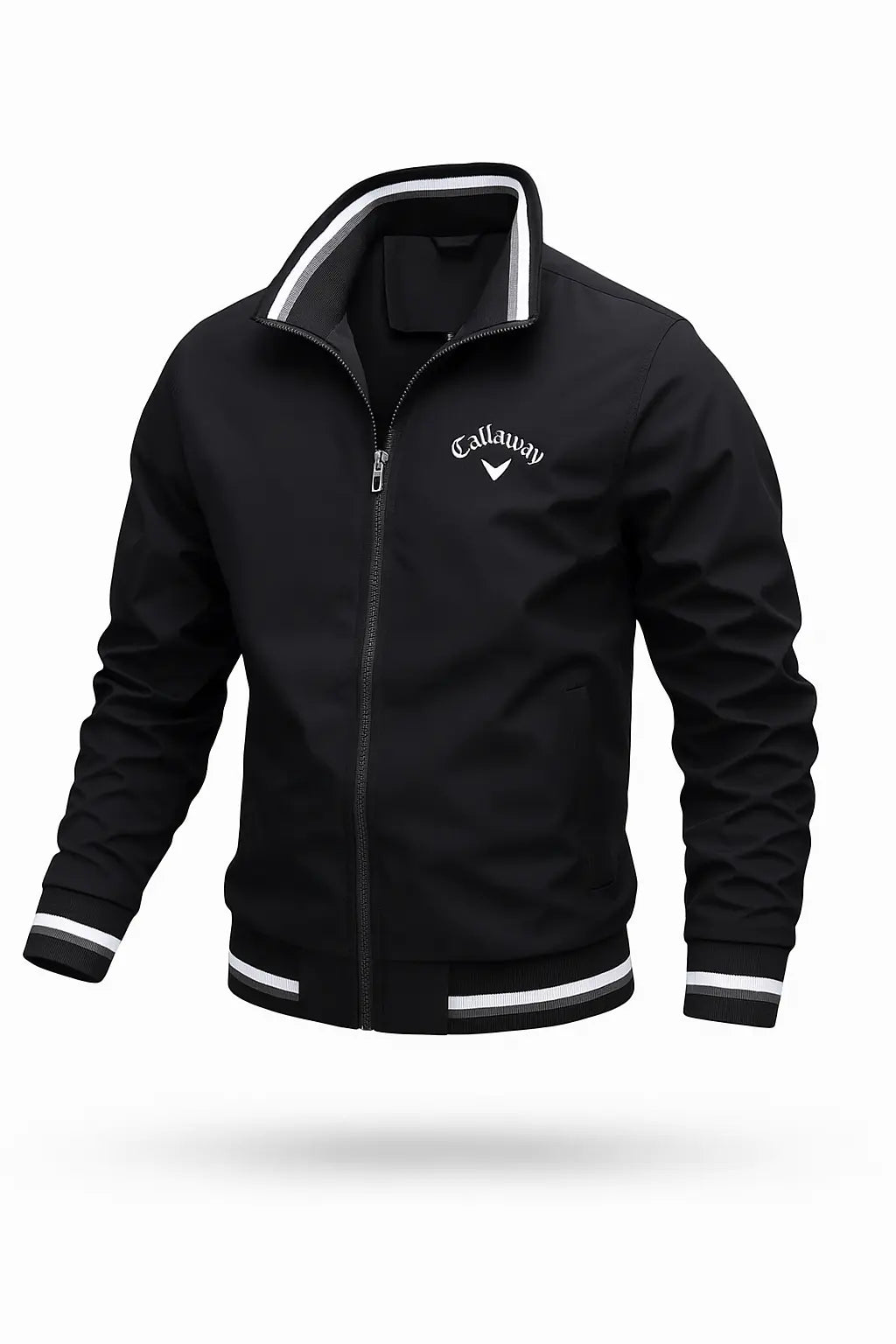 Black zip-up bomber jacket with a stand collar, white striped ribbed trim, and Callaway logo on the chest.