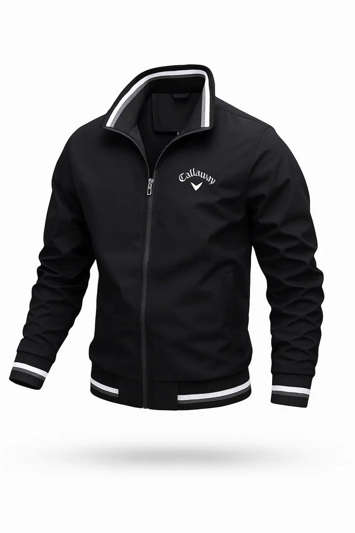 Black zip-up bomber jacket with a stand collar, white striped ribbed trim, and Callaway logo on the chest.