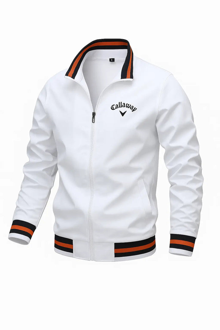 White men's zip-up bomber jacket with a stand collar, black and orange striped ribbed trim, and Callaway logo.