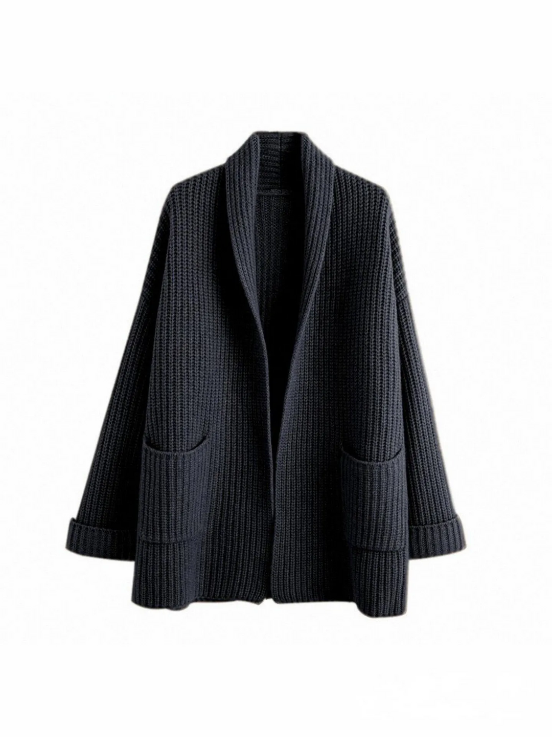 Sophie longline charcoal grey chunky knit cardigan featuring an open front, shawl collar, and two deep front pockets.