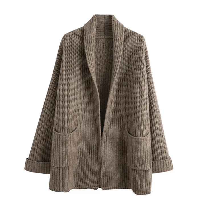 Taupe longline chunky knit cardigan featuring an open front, shawl collar, and two convenient front pockets.