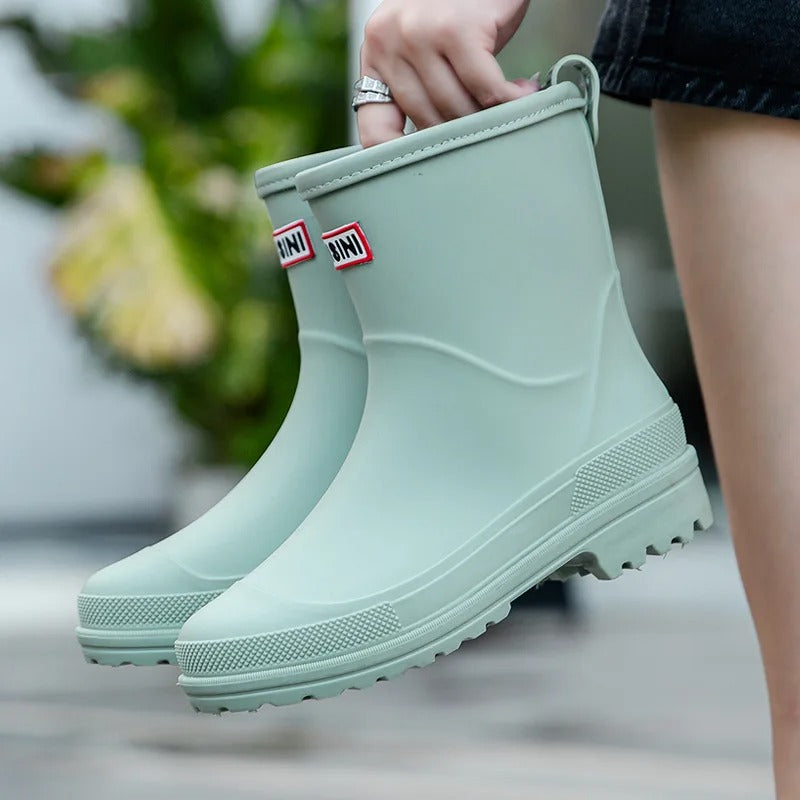 Sage green mid-calf waterproof rain boots with a smooth finish, grippy treaded sole, and a convenient back pull tab.