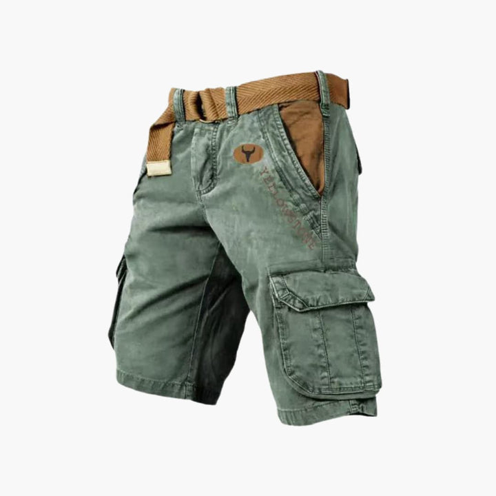 Olive green knee-length cargo shorts with brown belt, side flap pockets, and contrast detailing.